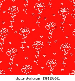 Seamless pattern of white roses and hearts on red background
