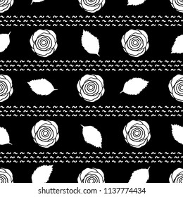 Seamless pattern with white roses and leaves on the black background. Vector illustration