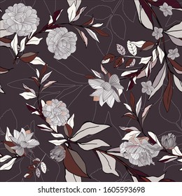Seamless pattern with white roses and leaves on bordo background. Tropical flowers, lily. Vector illustration with plants. Gentle pastel colors. EPS 10