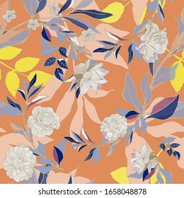 Patrón inoxidable con rosas blancas y hojas sobre fondo de mandarina. Flores tropicales, lirio. Ilustración vectorial con plantas. EPS 10