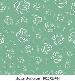 Nahtlose Muster weißer Rosen auf grünem Hintergrund. Stilvolle Tapete mit schönen Blumen. Eine Reihe von feinen Rosen mit Blättern unterschiedlicher Größe. 