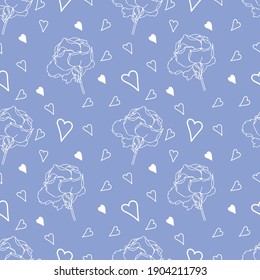 Seamless pattern with white roses on a blue background for Valentine's Day