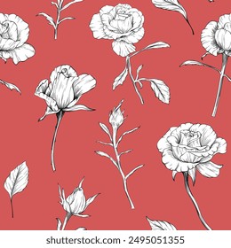 Seamless pattern with white roses on red background llustration.