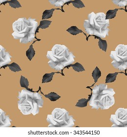 Seamless pattern with white roses on beige background. Vector illustration.