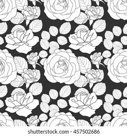 Seamless pattern with white roses on dark gray background, vector illustration