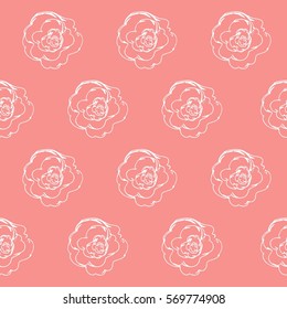 Seamless pattern with white roses on a pink background. It can be used for packing of gifts, tiles fabrics backgrounds. Sample for the websites. Vector illustration.