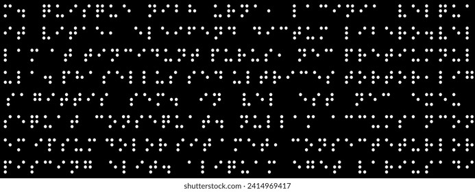 Seamless pattern with white round dots braille text on a black background. International code symbols of alphabet for the blind.