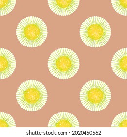 Seamless pattern. A white round flower with a yellow center on a light coral background. Chamomile or daisy.