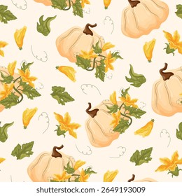 seamless pattern of white round pumpkin and green tops with yellow flower and green leaves near it on a light background, for autumn printing, textile or packaging