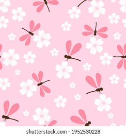 Seamless pattern with  white Sakura flower and dragonflies on pink background vector illustration.