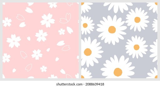 Seamless pattern with white Sakura flower on pink background. Cute hand drawn daisies seamless pattern on silver background vector illustration.