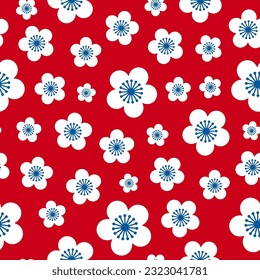 Seamless pattern with white Sakura flowers. Vector floral print with red background.