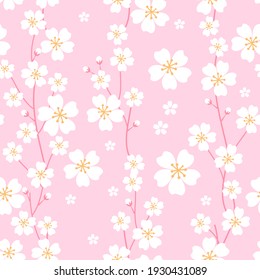 Seamless pattern with white Sakura on pink background vector illustration.