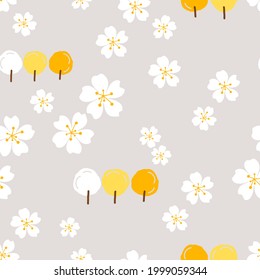 Seamless pattern with white Sakura and tree cartoons on pastel background vector illustration.  