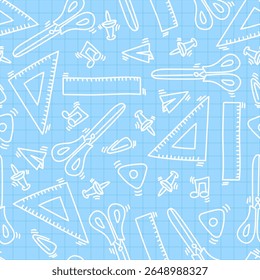 Seamless pattern of white school stationery in lines on a blue background with a checkered pattern