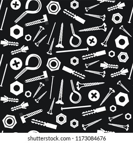 Seamless pattern with white screws, bolts and nails on black background. Vector illustration.