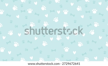 Seamless pattern with white scribble paw prints, hearts, and bones on light blue background. Hand drawn pet vector