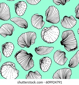 seamless pattern with white sea shells with black conturs on blue background