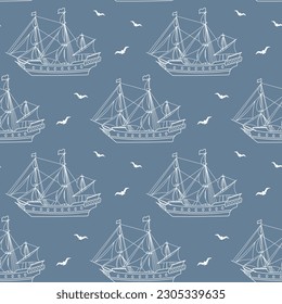 Seamless pattern, white sea ship, frigate, caravel with seagulls on a blue background. Marine background, line art, vector