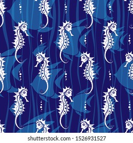 Seamless pattern. White seahorse, fish, waves and bubbles on blue backround. Vector illustration.