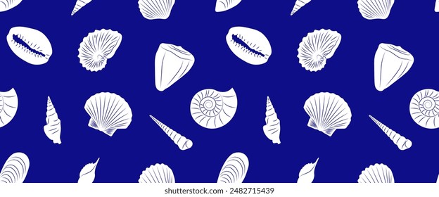 Seamless pattern of white seashell shapes on a blue background