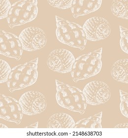 Seamless pattern of white seashells. Beige marine background. Hand drawn vector illustration. For invitations, cards, posters, print, banners, advertising, textile, wallpaper and bed linen