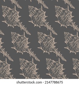 Seamless pattern of white seashells. Gray marine background. Hand drawn vector illustration. For invitations, cards, posters, print, banners, advertising, textile, wallpaper and bed linen