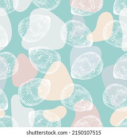 Seamless pattern of white seashells. Marine background. Hand drawn vector illustration. For invitations, cards, posters, print, banners, advertising, textile, wallpaper and bed linen