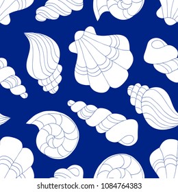 Seamless pattern of white seashells on a dark blue background.