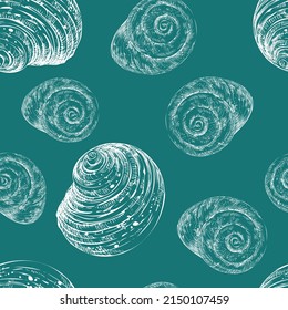 Seamless pattern of white seashells. Turquoise marine background. Hand drawn vector illustration. For invitations, cards, posters, print, banners, advertising, textile, wallpaper and bed linen