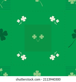 Seamless pattern with white shamrock, clover and square shape on green background.  Saint Patrick's Day pattern. Vector illustration.