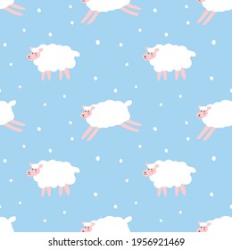 Seamless pattern with white sheep on blue snowy background. Modern design for fabric and paper, surface textures.