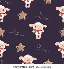 Seamless pattern with white sheep, stars and dotted line.