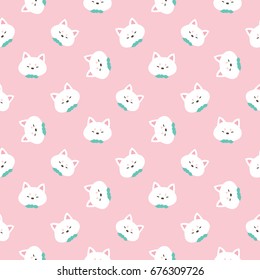 Seamless Pattern of White Shiba Inu Dog on Pink Background