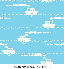 Seamless pattern - white ships on blue background