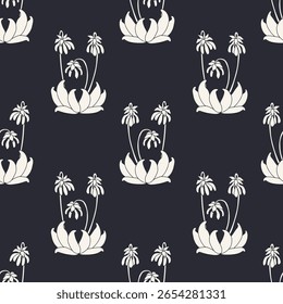 Seamless pattern with white silhouette canary islands flowers parrot beaks in vintage millefleur style on black background. Monochrome hand drawn classic floral wallpaper vector illustration