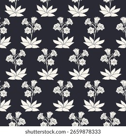 Seamless pattern with white silhouette canary islands flowers bellflower in vintage millefleur style on black background. Monochrome hand drawn classic floral wallpaper vector illustration