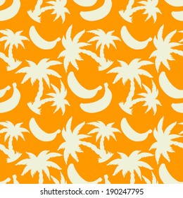 Seamless pattern with white silhouette coconut palm trees and bananas on a orange background. Endless print texture. Hand drawing. Retro. Vintage style - vector 
