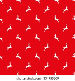 Seamless pattern with a white silhouette of deer on a red background.