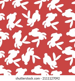 Seamless pattern with white silhouette Easter rabbits on pink background. Design for card, postcard, wallpaper, fabric, textile. Vector stock illustration. Cartoon style.