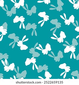 Seamless pattern with white silhouette Easter rabbits on color background. Design for card, postcard, wallpaper, fabric, textile. Vector stock illustration. Cartoon style.