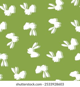 Seamless pattern with white silhouette Easter rabbits on color background. Design for card, postcard, wallpaper, fabric, textile. Vector stock illustration. Cartoon style.