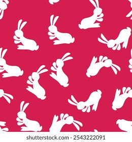Seamless pattern with white silhouette Easter rabbits on color background. Design for card, postcard, wallpaper, fabric, textile. Vector stock illustration. Cartoon style.