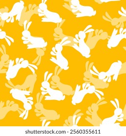 Seamless pattern with white silhouette Easter rabbits on color background. Design for card, postcard, wallpaper, fabric, textile. Vector stock illustration. Cartoon style.