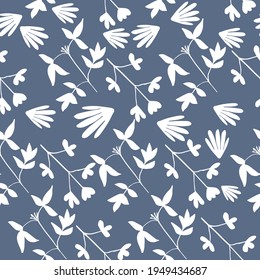 Seamless pattern with white silhouette plants isolated on blue gray. Vector illustration