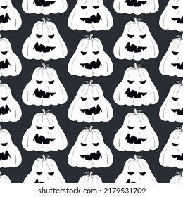 Patrón sin foco con silueta blanca de una cara de calabaza con ojos negros para halloween en el fondo oscuro.