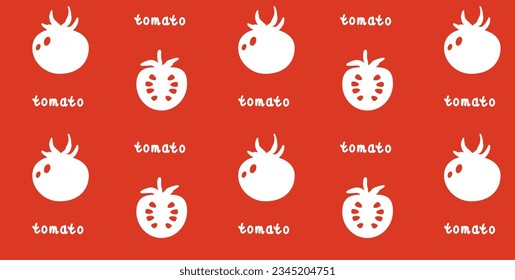 Seamless pattern white silhouette of a tomato on a red background inscription tomato. EPS10