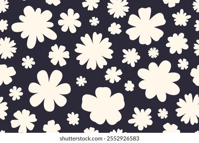 Seamless pattern of white silhouettes of abstract flowers on a black background. Trendy abstract art template for printing on interior fabric, wrapping paper, cover, cards, background