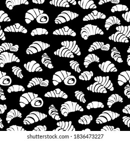 Nahtlose Muster weißer Silhouetten von Croissants auf schwarzem Hintergrund, eine Reihe verschiedener Formen und Größen von Backwaren, Vektorgrafik für Design