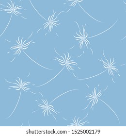 Seamless pattern: white silhouettes of dandelions on a blue background. Vector. Illustration